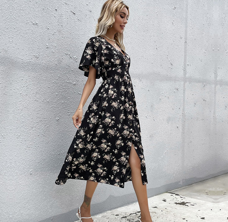 Button Flare Short Sleeve Wholesale Floral Shirt Dress