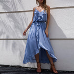 Solid Color V-Neck Ruffled Backless Slit Slip Dress Wholesale Maxi Dresses