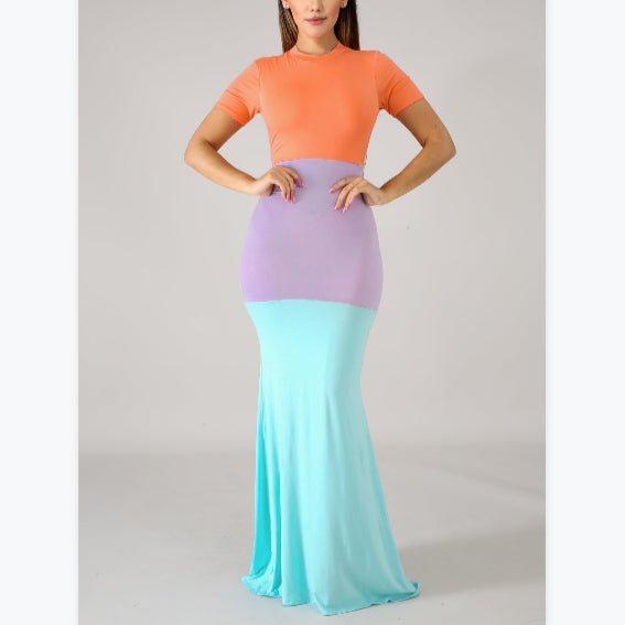 Colorblock Print Fashion Short Sleeve Slim Bag Hip T Shirt Dress Wholesale Maxi Dresses