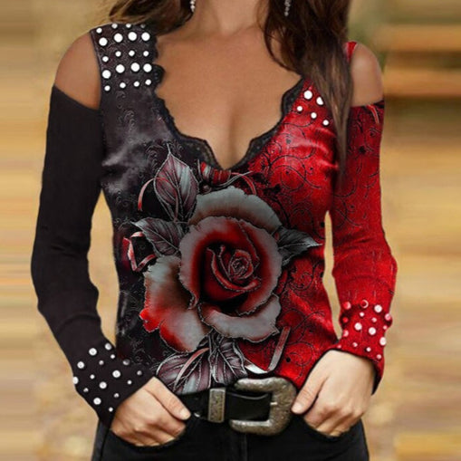 Floral Print Bubble Beads V Neck Lace Stiching Off Shoulder Women'S Tops Fashion Wholesale T Shirts ST531375
