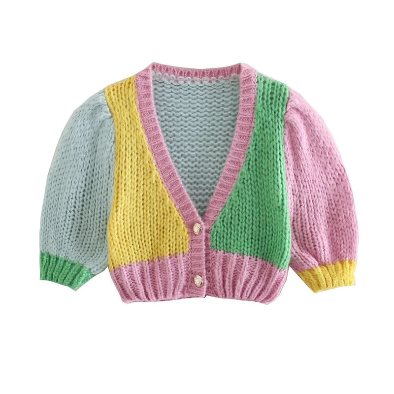 V-Neck Colorblock Puff Sleeve Short-Sleeved Knitted Women Sweater Vintage Wholesale Crop Tops