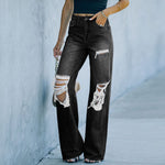 Raw Edges Mid-Rise Casual Slim-Fit Ripped Wide-Leg Jeans Wholesale Women Bottom