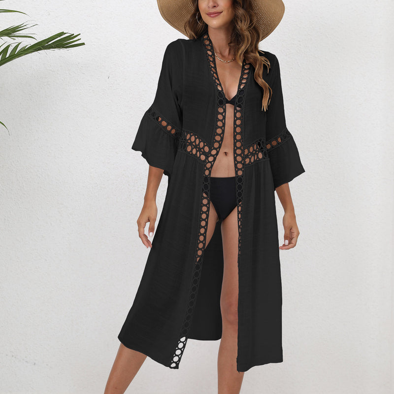 Loose 3/4 Flare Sleeve Lace Sun Protection Cardigan Bikini Cover-Up Wholesale Womens Tops