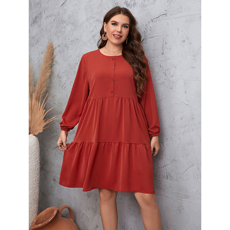 Wholesale Plus Size Women Clothing Loose Long Sleeve Ruffle Casual Midi Dress