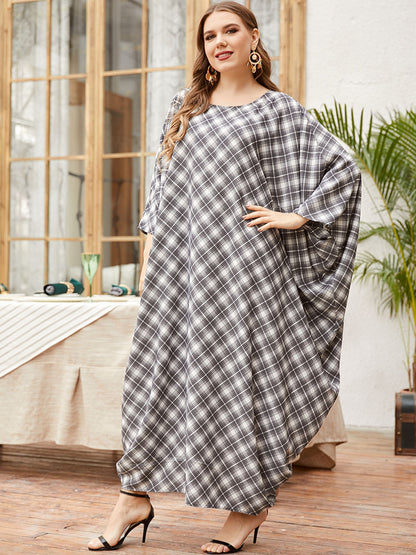 Casual Loose Bat Sleeve Plaid Maxi Dress Wholesale Plus Size Clothing