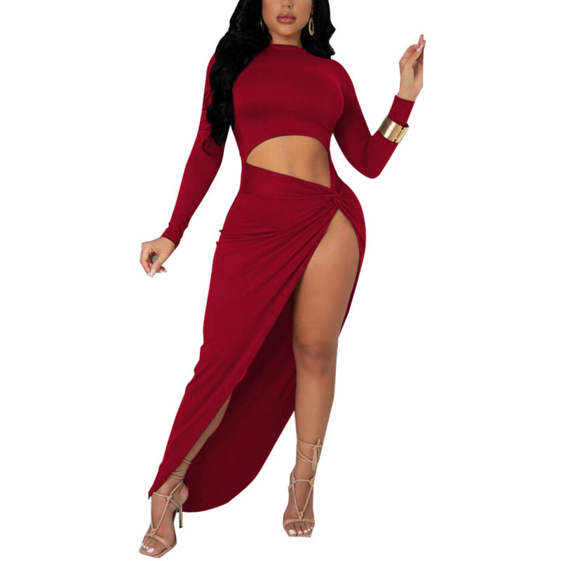 Solid Color Sexy Hollow Slit Wrap Dress Wholesale Maxi Dresses