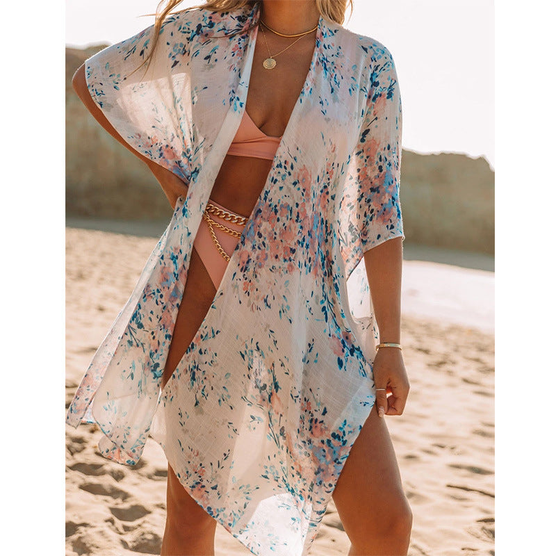 Slit Chiffon Print Beach Sunscreen Blouse Women Wholesale
