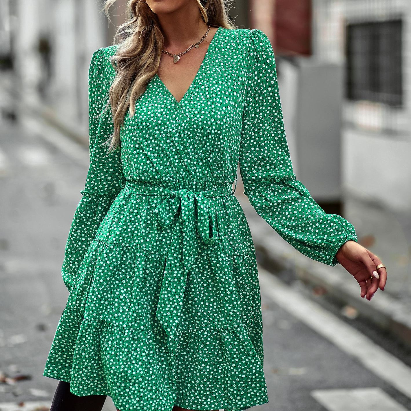 Floral Print V Neck Long Sleeve Swing Dress Wholesale Dresses