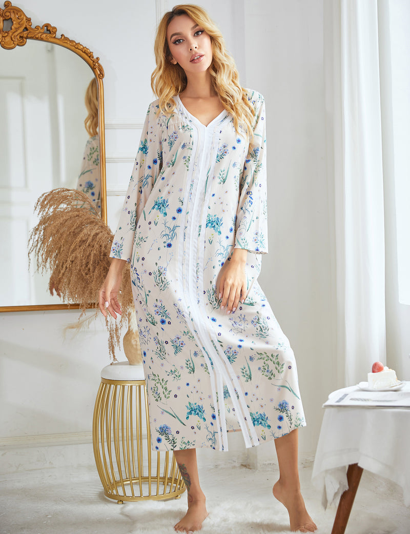 Long Sleeve Printed Casual Nightdress Women Nightgown Wholesale Loungewear