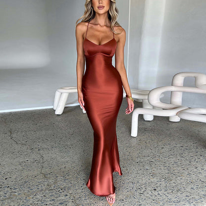 Sexy Slim Fit Backless Waist-Tight Slimming Suspender Party Satin Dress Wholesale Maxi Dresses