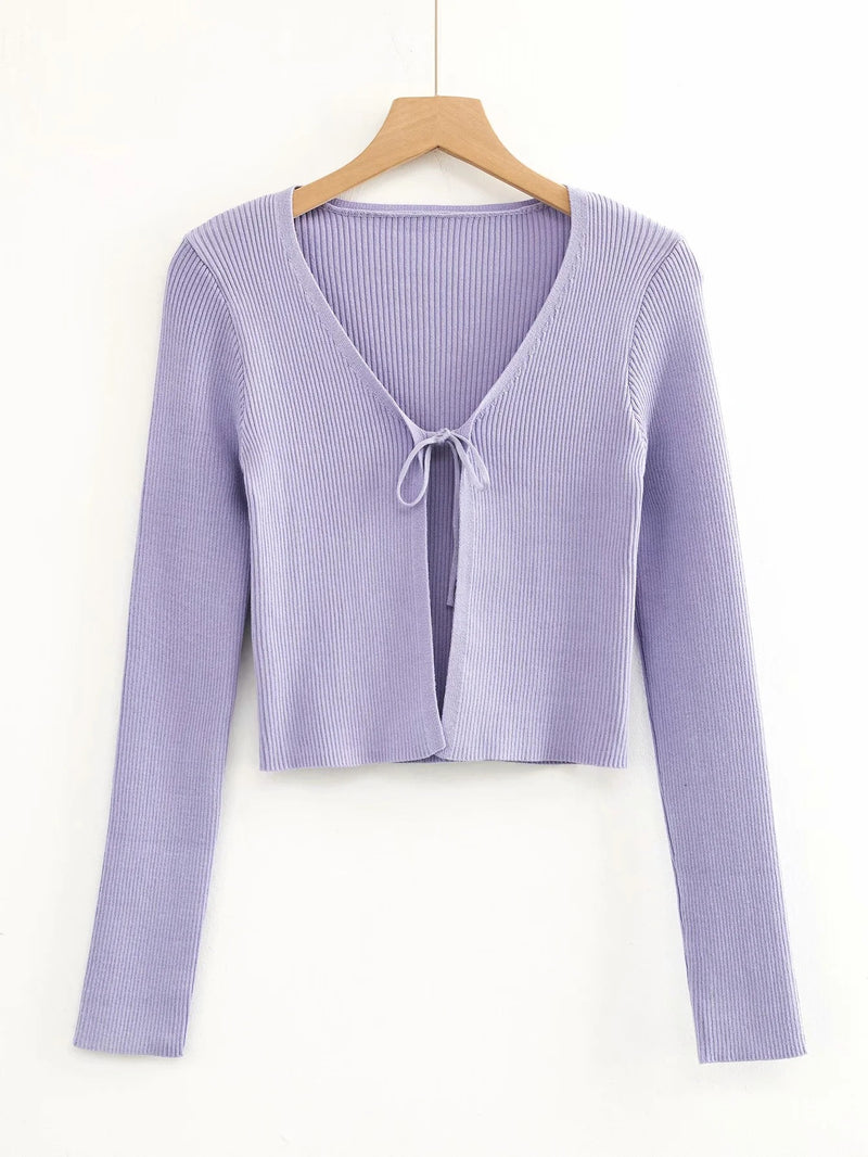 Plain Trendy Lace-Up V-Neck Cropped Slim Fit Women'S Knit Tops Wholesale Cardigans