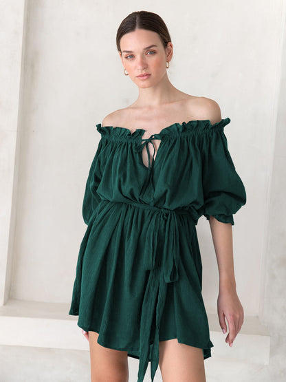 Solid Color Off Shoulder Casual Lace-Up Swing Dress Wholesale Dresses