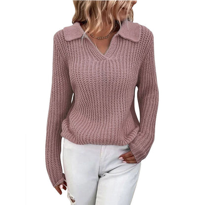 Lapel Solid Color Slim Fit Knit Crew Neck Sweater Wholesale Womens Tops