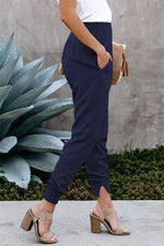Elastic Waist Cropped Slim Fit Slit Linen Trousers Wholesale Women Pants