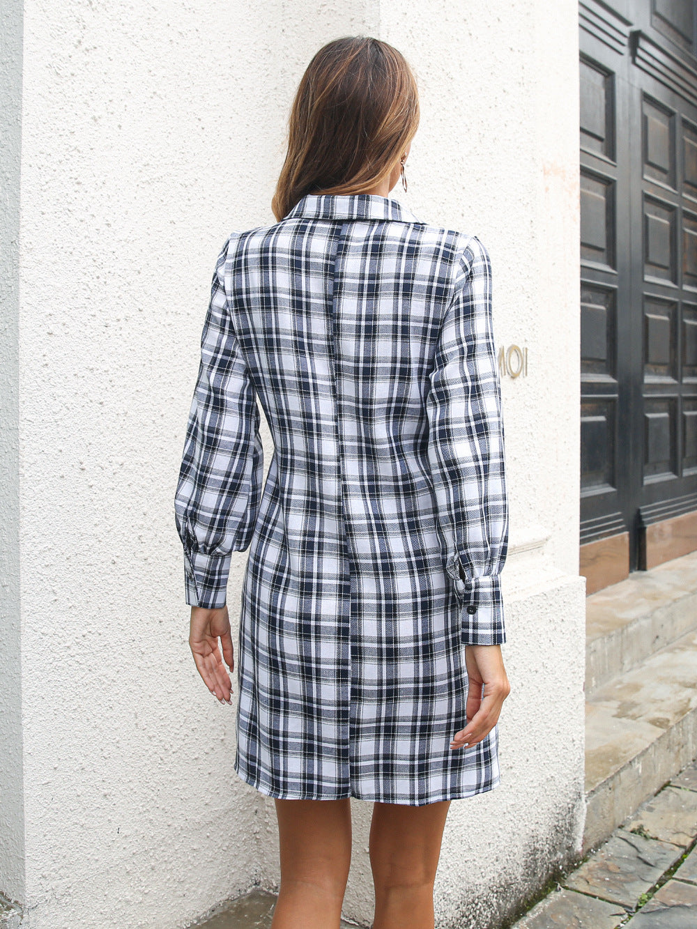 Turn Down Collar Plaid Print Button Down Tie Waist Wholesale Shirt Dresses