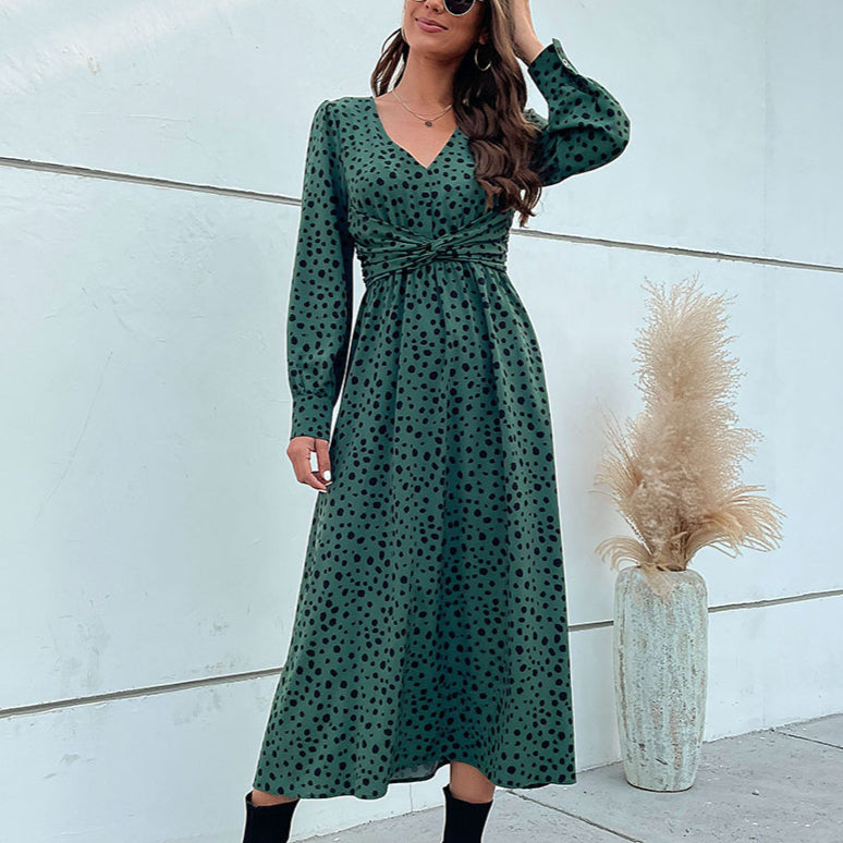 Long Sleeve V-Neck Polka Dot Ruched Dress Wholesale Dresses