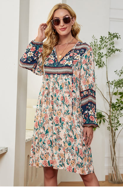 Printed Long Sleeve Loose Boho Dresses Wholesale Bohemian Dress For Women