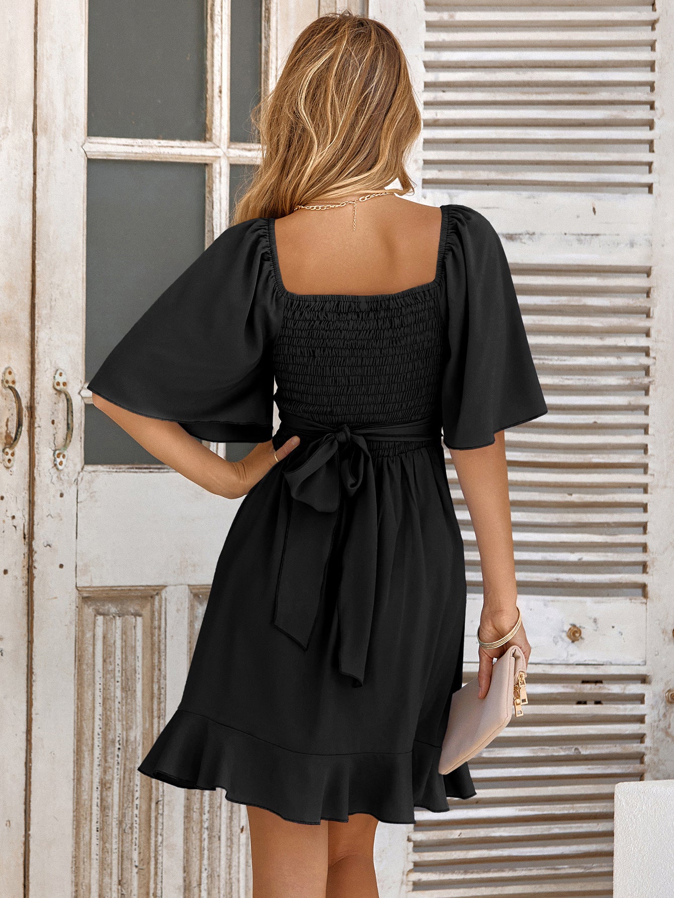 V-Neck Short Sleeve Solid Color Ruffled Wrap Dress Wholesale Dresses