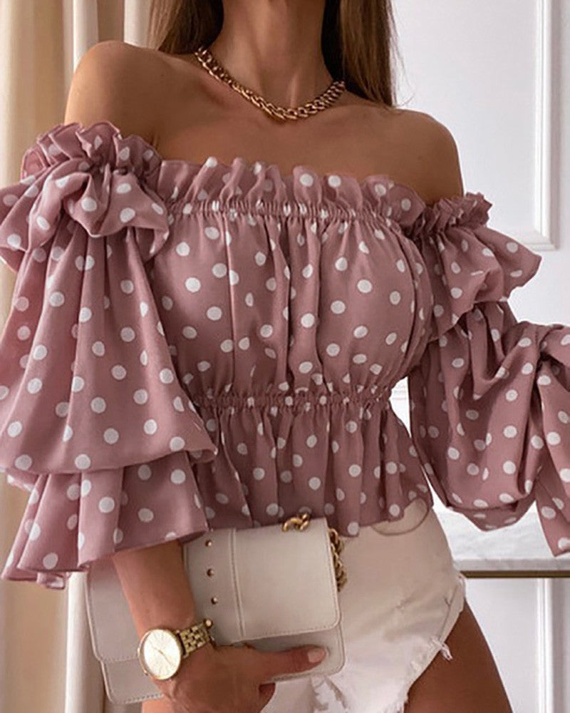 Fashion Off Shoulder Printed Sexy Ruffles Waist Elastic Shirts Wholesale Crop Tops ST531871