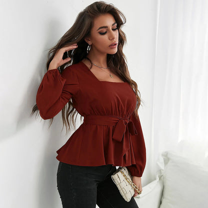 Casual Square Neck Lace-Up Long Sleeve Ruffle Blouse Wholesale Womens Long Sleeve T Shirts