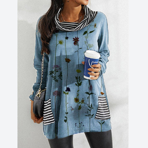 Fashion Print Striped Top Pile Collar Loose Wholesale Womens Long Sleeve T Shirts