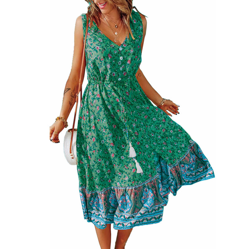 Sleeveless Floral Print V Neck Drawstring Wholesale Swing Dress for Summer