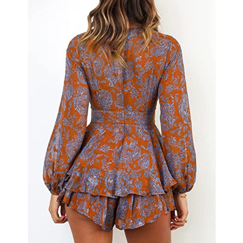 V-Neck Floral Print Lace-Up Loose Ruffles Womens Short Jumpsuits Vacation Trendy Wholesale Rompers