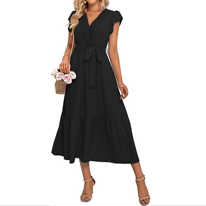 V-Neck Lace-Up Flying Sleeves Jacquard Midi Swing Dress Wholesale Dresses