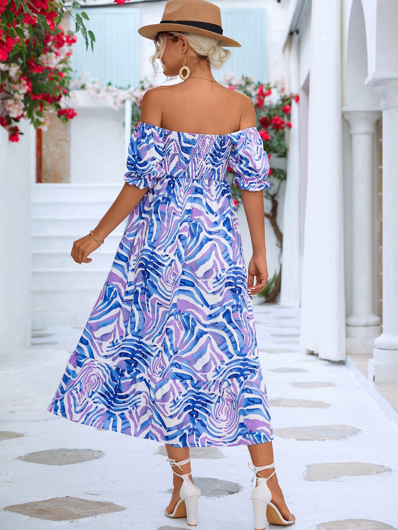 Off Shoulder Printed High Waist A-Line Dress Wholesale Dresses