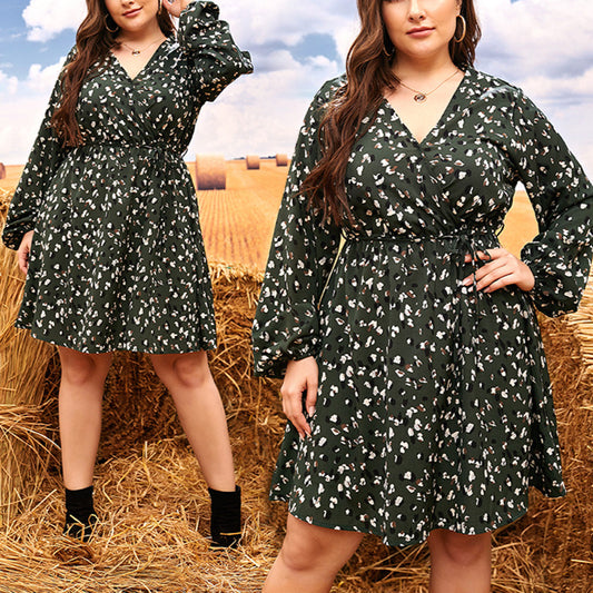 Floral Print Long Sleeve V Neck Wholesale Plus Size Dresses