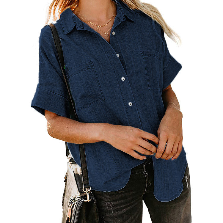 Loose Double Pocket Short Sleeve Casual Denim Shirt Wholesale Womens Tops