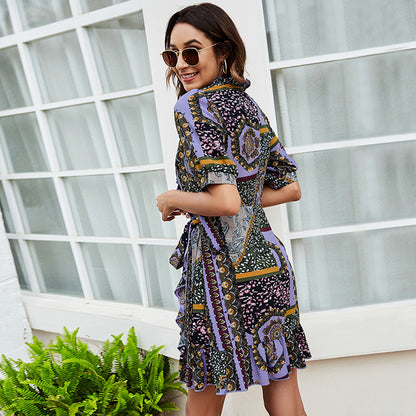 Women Fashion Floral Print Ruffle Hem V Neck Wholesale Wrap Dresses Summer