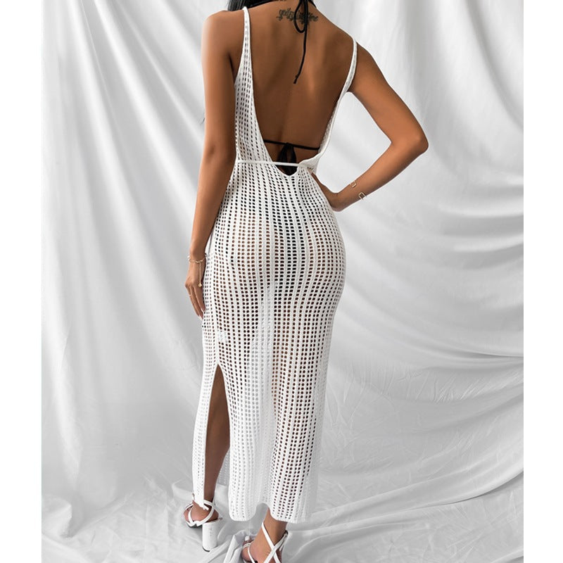 Tie Beach High Waist Knitted Sunscreen Bikini Cover Up Sexy Cutout Tank Dress Wholesale Maxi Dresses