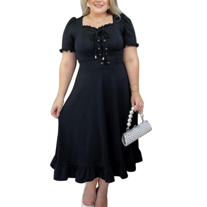 Casual Solid Color Women Ruffled Curvy Swing Dress Wholesale Plus Size Clothing