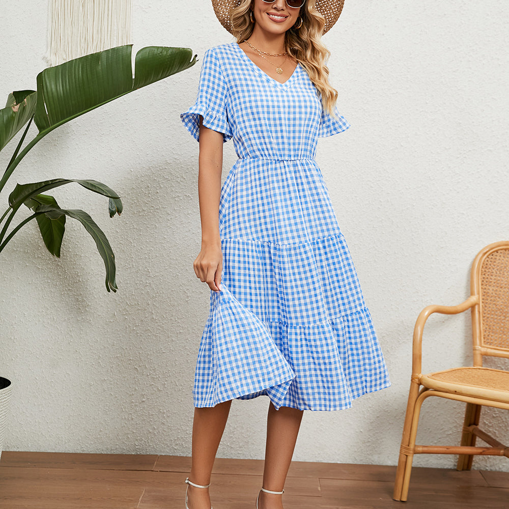 Pleated Tie Short Sleeve Square Neck Plaid Dress Wholesale Dresses