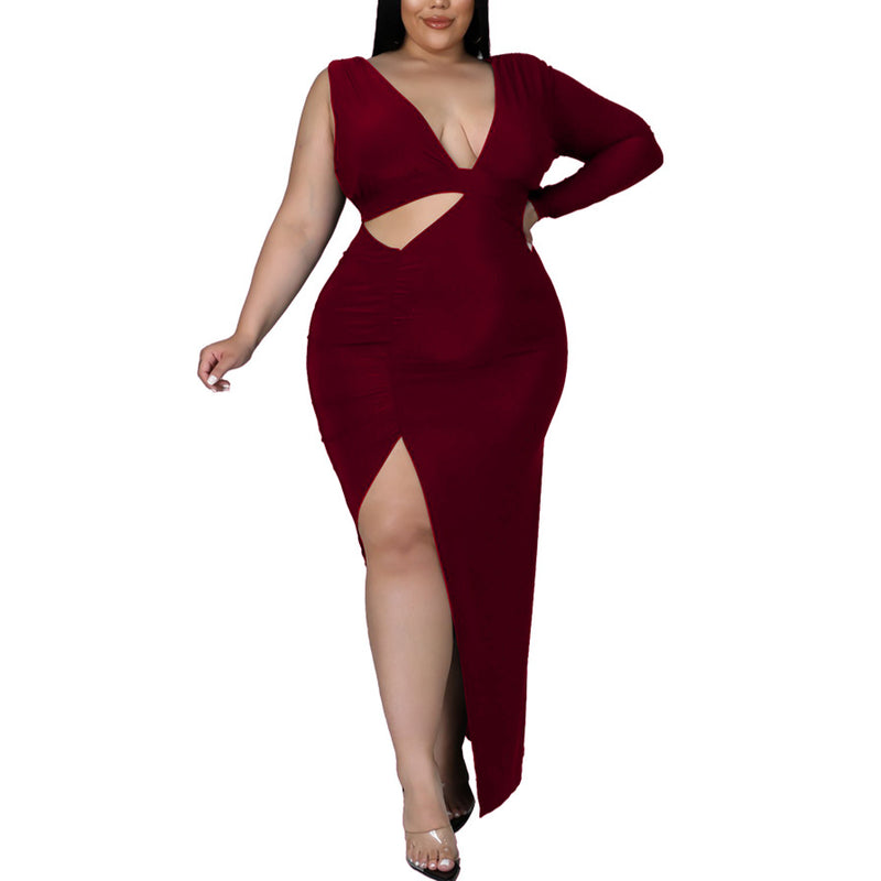 Long Sleeve Irregular Sexy Cut-Out Tight Women Curvy Maxi Dresses Wholesale Plus Size Clothing