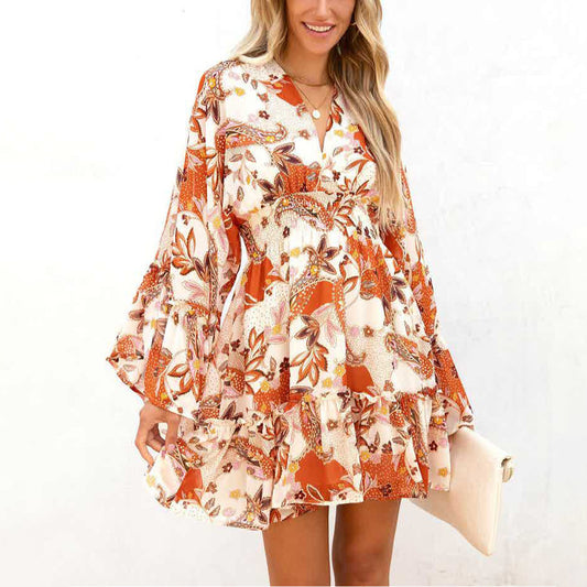 Fashion V-Neck Lace-Up Print Dress Casual Loose Long Sleeve Wholesale Dresses