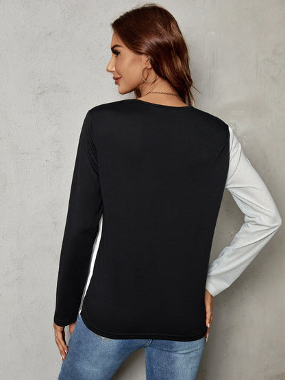 Casual U-Neck Splicing Tops Wholesale Womens Long Sleeve T Shirts