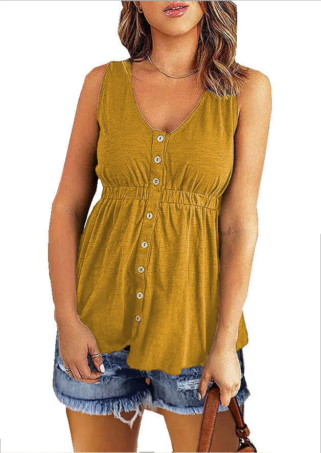 Plain Color Sleeveless V Neck Button Down Wholesale Flowy Tank Tops for Summer