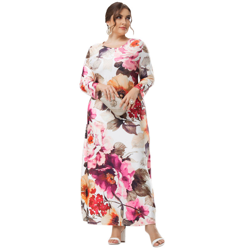 Wholesale Plus Size Women'S Clothing Long-Sleeved Round Neck Print Slim Temperament Maxi Dress