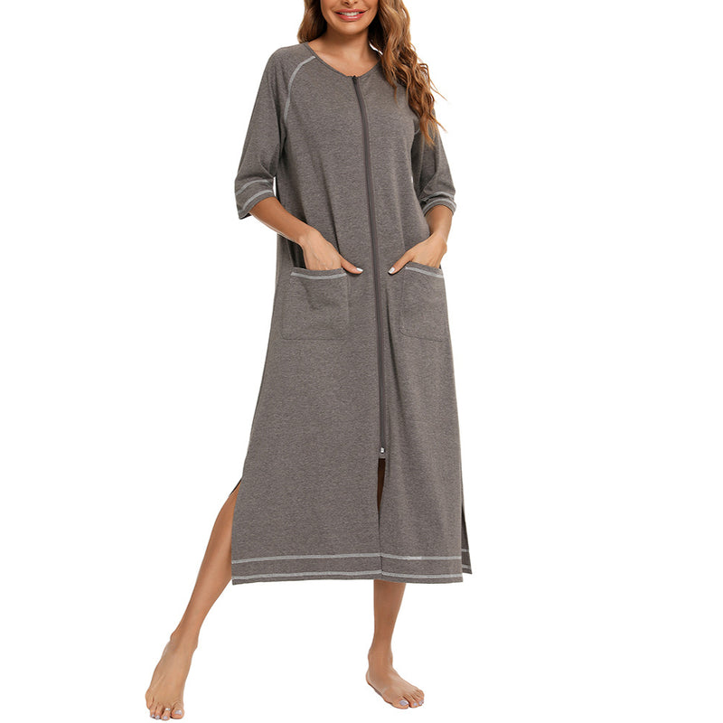 Comfortable Home Wear Loose Zip Nightgown Women Pajamas Wholesale Loungewear
