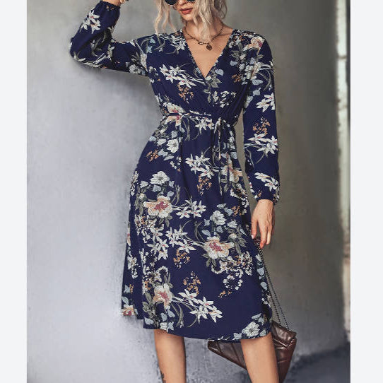 Casual V-Neck Long Sleeve Floral Dress Wholesale Dresses