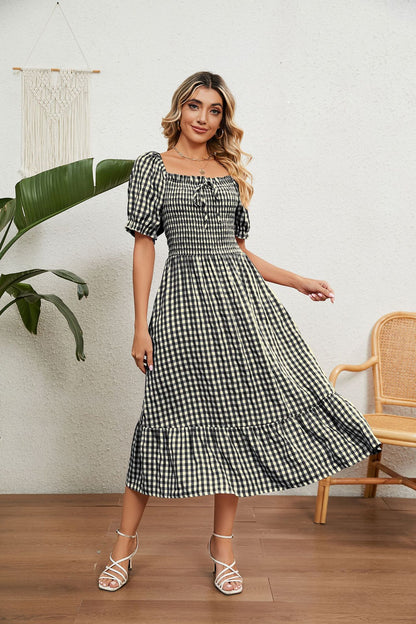 Short Sleeve Square Neck Plaid Flowy Dress Wholesale Maxi Dresses