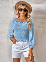 Casual Solid Color U-Neck Jacquard Long-Sleeve Shirts Wholesale Womens Tops