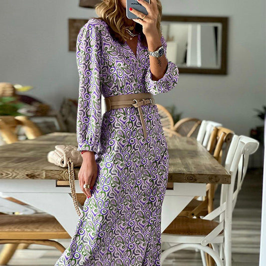 Fashionable V-Neck Long Sleeve Bohemian Print Maxi Dress Wholesale Dresses