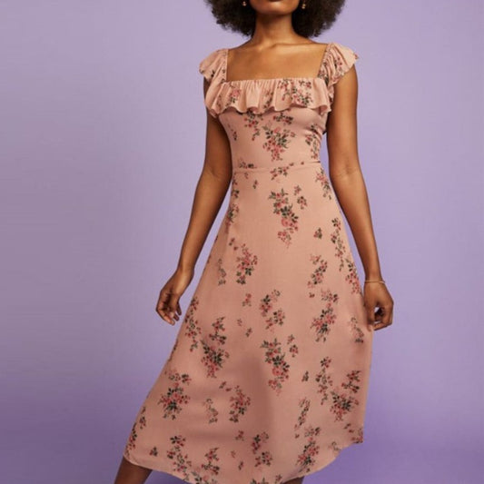 Ruffles Floral Print Resort Sundresses Slit Sling Square Neck A-Line Dress Vintage Wholesale Dresses