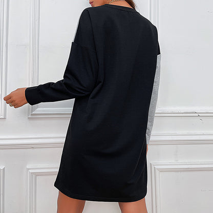 Color-Block Loose Long-Sleeved Casual Crew Neck Sweater Dress Wholesale Dresses