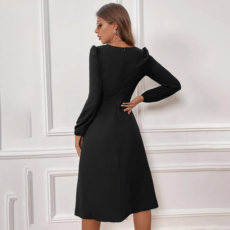 Solid Color V-Neck Slit Long-Sleeve Midi A-Line Dress Wholesale Dresses