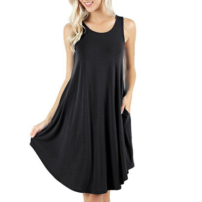 Summer Sleeveless Casual Modal  Midi Dress Wholesale Crew Neck Swing Tank Dresses With Pockets