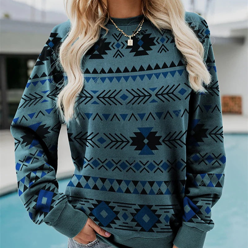 Long-Sleeved Geometric Print Round Neck Sweatshirts Wholesle Womens Tops
